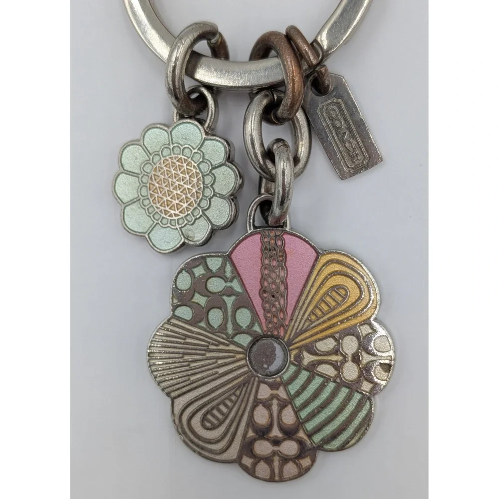 Coach Floral Patchwork Keychain Vintage Silver Multicolor Signature Bag Charm